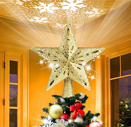 Samyoung Christmas Tree Topper, Glitter Star Tree Topper Decoration with Rotating Snowflake Projector, Christmas Tree Decorations for Home Bar Shop Office