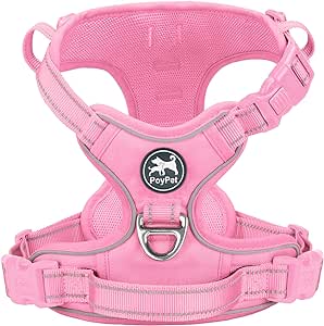 PoyPet No Pull Dog Harness, No Choke Reflective Dog Vest, Adjustable Pet Harnesses with 2 Leash Attachments with Easy Control Padded Handle for Small Medium Large Dogs(Light Pink Matching Trim,M)