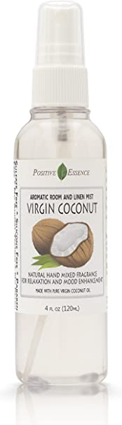 Positive Essence Virgin Coconut Linen and Room Spray, Natural Aromatic Mist Made with Pure Virgin Coconut Oil, Relax Your Body & Mind, Perfect as a Bathroom Air Freshener Odor Eliminator