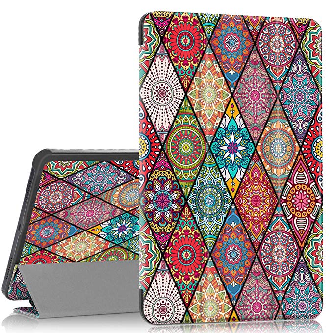 Hocase Galaxy Tab A 10.1 (2019) SM-T510/SM-T515 Case, PU Leather Case with Cute Flower Design, Tri-Fold Stand Feature, Hard Back Cover for Samsung Galaxy Tab A 10.1-Inch 2019 - Mandala Flowers