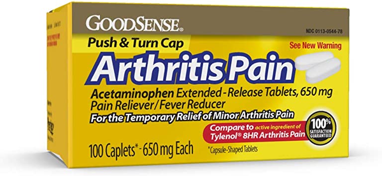 GoodSense Acetaminophen Extended-Release Tablets 650 mg (Arthritis Pain), 100 Count. May Provide Temporary Pain Relief from: Minor Pain of Arthritis, The Common Cold, Headache, and Toothache