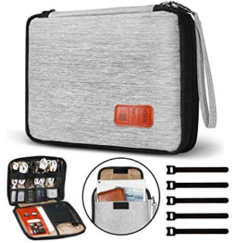 GiBot Cable Organiser Bag, Travel Electronics Accessories Bag Organiser for Cables, Flash disk, USB drive, Charger, Power Bank, Memory Card, Headphone and iPad Mini, Double Layer, Grey
