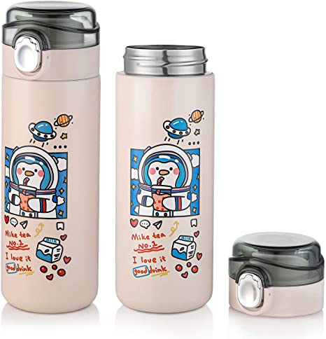 Cute Thermal Flask, 400ml Insulated Water Bottle with Flip Top, School Flask for Hot Drinks Cold Drinks, with Carry Strap for Kids and Girls ON The GO, Easy Drink from, Leak-Proof, BPA-Free