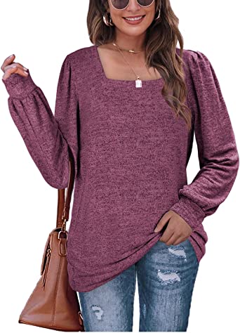 Aokosor Jumpers for Women Long Sleeve Tops Ladies Square Neck Loose Puff Sleeves Sweatshirt