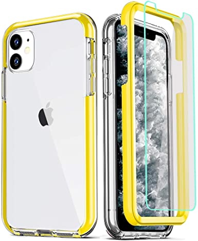 COOLQO Compatible for iPhone 11 Case, with 2 x Tempered Glass Screen Protector Clear 360 Full Body Coverage Hard PC Soft Silicone TPU 3in1 Heavy Duty Shockproof Defender Phone Protective Cover Yellow