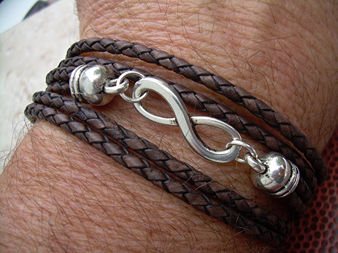 Leather Bracelet,Infinity Bracelet,Triple Wrap, Antique Brown Braided,Mens Bracelet,Womens Bracelet, Mens Jewelry,Womens Jewelry,
