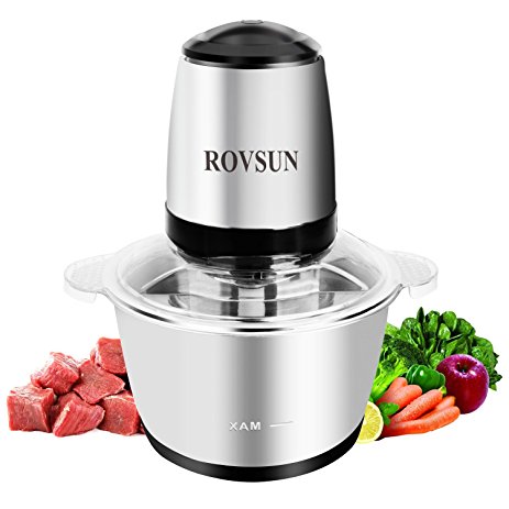 ROVSUN 8 Cup Electric Food Processor Small Chopper 2L 304 Stainless Steel Bowl, 300W One Touch Multipurpose Smart Kitchen Vegetable Onion Fruit Blender Mincer Slicer Dicer with 4 Blades, Silver