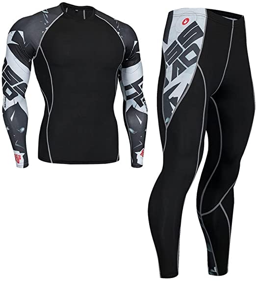 HOTIAN Mens Compression Tights and Shirts Long Sleeve Quick Dry Running Fitness Suits