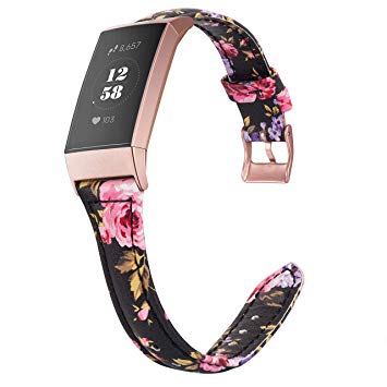 Wearlizer Compatible with Fitbit Charge 3 Bands for Women Slim Leather Replacement Fit Charge hr 3 Special Edition Rose Gold Band Accessories Strap