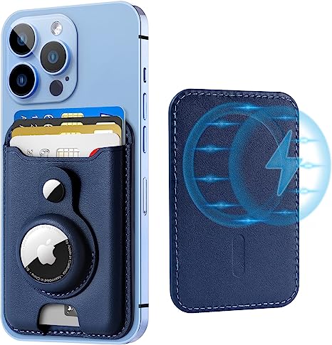 TopMade for Magsafe Wallet with AirTag Holder, Magnetic Wallet Card Holder for iPhone 14, iPhone 13/12 Series, Leather Magnetic Phone Wallet with Powerful Magnet, RFID Blocking, Fit 4 Cards, Blue