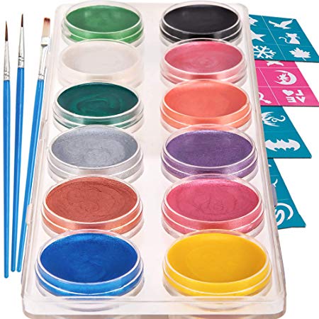 Blue Squid Face Paint Kit for Kids – 30 Stencils, 12 Large Metallic Paints, 3 Brushes, Safe Facepainting for Sensitive Skin, Professional Quality Body & Face Facepaints Halloween Makeup Paint Supplies