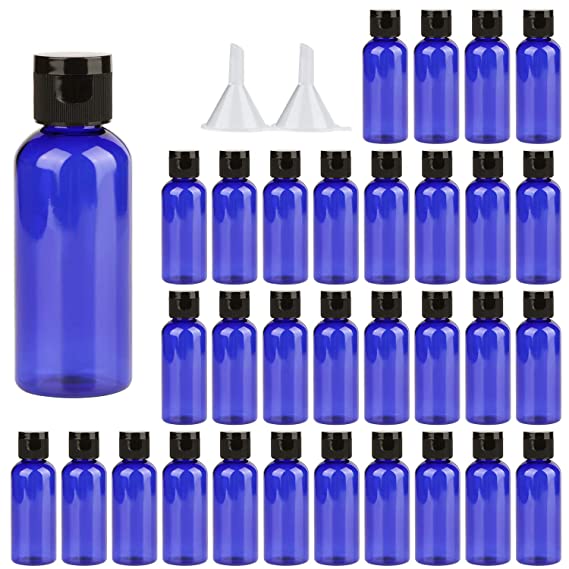 Travel Bottles ，2 oz Plastic Small Squeeze Bottles Leak Proof Silicone Travel Size Containers With Flip Cap and Funnels(32 Pack, Blue)