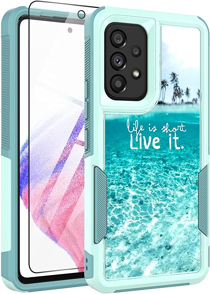 Voanice for Galaxy A53 5G Case,Samsung A53 5G Case with Glass Screen Protector, Dual Layer Heavy Duty Shockproof Hard PC  Soft Silicone Hybrid Protective Women Men Cover for Samsung Galaxy A53 5G-Teal