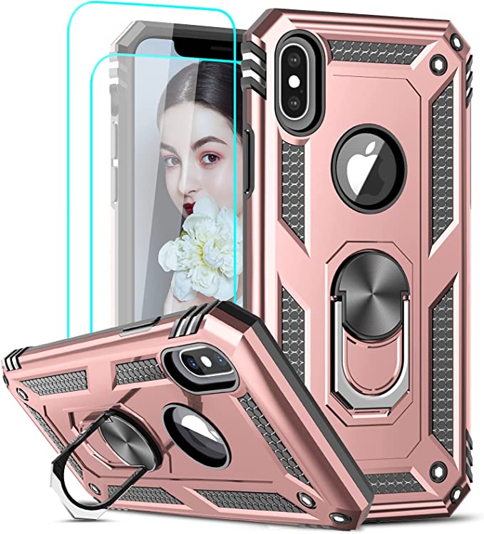 LeYi Compatible for iPhone Xs Phone Case, iPhone X Case with [2 Pack] Tempered Glass Screen Protector for Women Girl, [Military-Grade] Protective Case with Kickstand for Apple iPhone X/Xs/10,Rose Gold