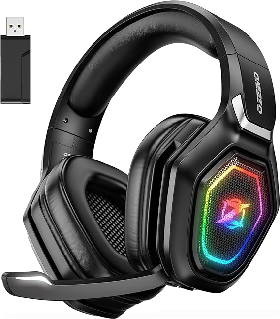 Ozeino 2.4GHz Wireless Gaming Headset with Microphone, 2.4G USB & Type C Transmitter - 30h Battery Life - RGB Lighting Gaming Headphones for PS5, PS4, PC, Phone