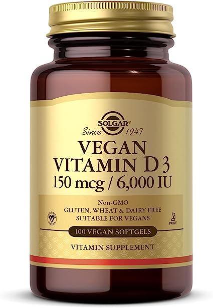 Solgar Vegan Vitamin D3 (Cholecalciferol) 150 mcg (6,000 IU) - 100 Softgels - Immune Support, Helps Maintain Healthy Bones & Teeth - Non-GMO, Certified Vegan, Gluten & Dairy Free - 100 Servings