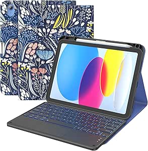 MoKo iPad 10th Generation Case with Keyboard 10.9 Inch, 7 Colors Backlight & Multi-Touch Trackpad, Detachable Keyboard Folio Stand Cover with Pencil Holder for iPad 10th Gen 2022, Night Blue