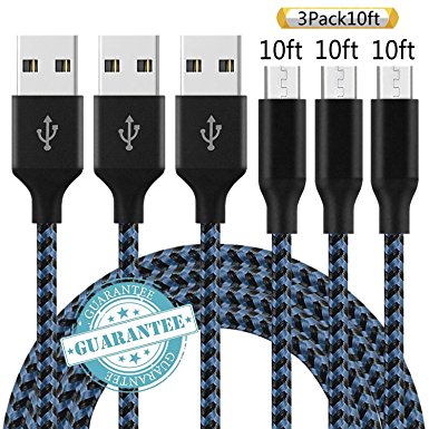 DANTENG Micro USB Cable,3 Pack 10FT Long Premium Nylon Braided Android Charger USB to Micro USB Charging Cable Samsung Charger Cord for Samsung Galaxy S7 Edge S7 S6 S4 S3,Note 5 4 (BlackBlue)