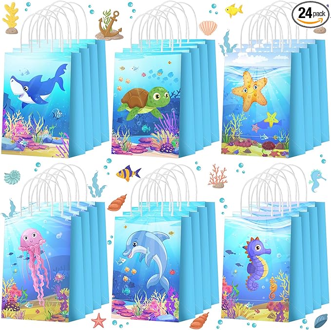 24 Pcs Under The Sea Party Favors Bags Sea Animal Party Bags Ocean Party Favor Bags Under The Sea Gift Bags Ocean Animal Goodie Candy Paper Bags for Kids Girls Sea Birthday Party Decorations Supplies