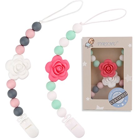 TYRY.HU Pacifier Clips Silicone Teething Beads BPA Free Binky Holder for Girls, Boys, Baby Shower Gift, Teether Toys, Soothie, Mam, Drool Bibs, Set of 2 ( Pink, White Roses )
