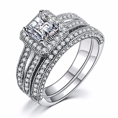 Caperci Sterling Silver Princess-Cut Cubic Zirconia Halo Solitaire Bridal Wedding Engagement Ring Sets