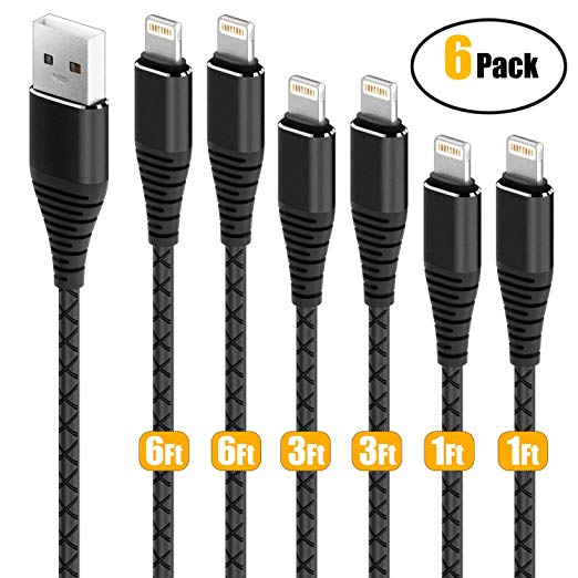 6Pack [1ftx2 3ftx2 6ftx2 ] Charging Cord CABEPOW for iPhone Charger Cable/Data Sync Fast iPhone Charging Cable Cord Compatible with iPhone X/8/8 Plus/7/7 Plus/6/6s Plus/5s/5, iPad Mini/Air(Black)