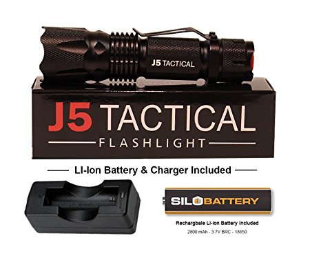 J5 Tactical V2 Flashlight - Genuine 750 Lumen Ultra Bright Powerful, LED 5 Mode Flashlight with Rechargeable SILO 18650 Lithium Ion Battery and Battery Charger
