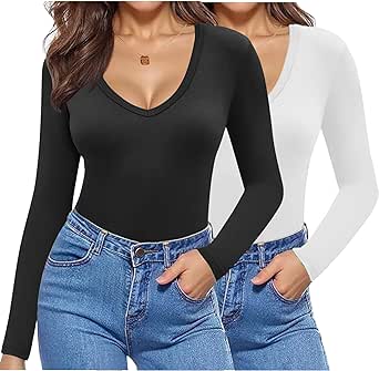 Zeagoo 2 Pack Women's Long Sleeve V Neck Slim Fit T Shirts Basic Tight Trendy Shirts 2024 Going Out Athletic Stretch Tops