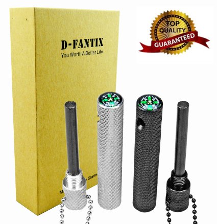 D-FantiX Anti-corrosion Magnesium Fire Starter Kit Survival Flint with Compass   Long Chain Camping Equipment Edc Gear (Black)