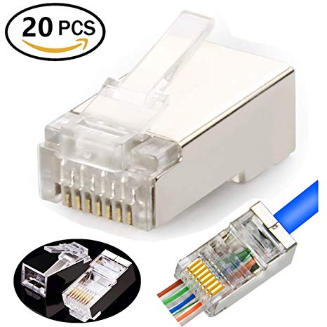 RJ45 CAT6 Shielded Connector End Pass Through Gold Plated Ethernet 8P8C Modular Plug 20Pack