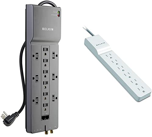 Belkin Power Strip Surge Protector with 12 AC Multiple Outlets & Power Strip Surge Protector - 6 AC Multiple Outlets - Flat Rotating Plug, 8 ft Long Heavy Duty Extension Cord - White (720 Joules)