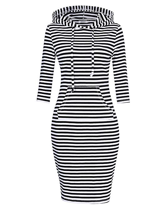 MISSKY Women Pullover Stripe Pocket Keen Length Slim Sweatshirt Causal Hoodie Dress