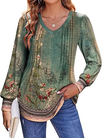 Zeagoo Women'S Puff Long Sleeve Shirts Pleated V Neck Fall Tunic Tops Blouse Dressy Causal Loose Summer T-Shirts