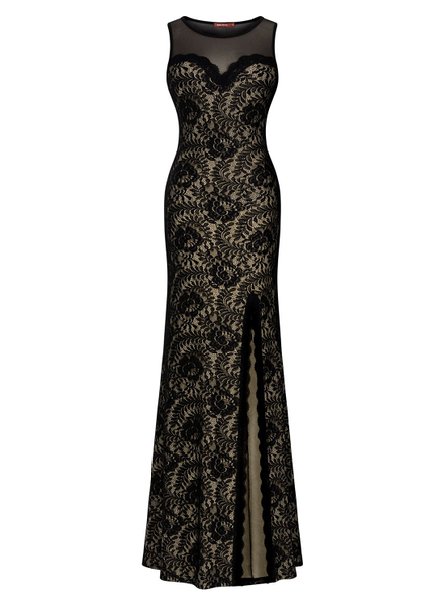 Women's Sleeveless Long Black Lace Split Side Evening Formal Dress