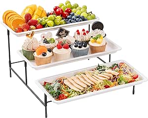 Lifewit 3 Tiered Plastic Serving Tray for Party Entertaining, 14"×6.5" Serving Food Display Platters, Reusable Trays with Collapsible Stable Metal Stand for Veggie, Fruit, Cookies, Dessert, Black