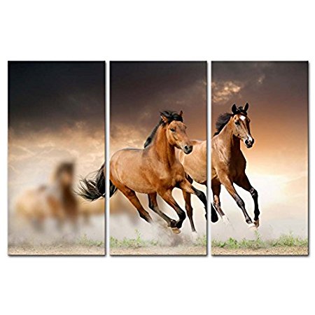 Canvas Print Wall Art Painting For Home Decor Running Wild Horse Brown Horses Galloping In Sunset 3 Piece Panel Paintings Modern Giclee Artwork The Picture For Living Room Decoration Animal Pictures