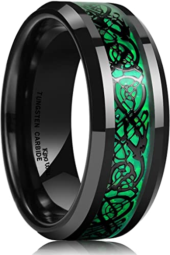 King Will Dragon Men's 8mm/6mm/5mm Red/Green Carbon Fiber Black Celtic Dragon Tungsten Carbide Ring Comfort Fit Wedding Band