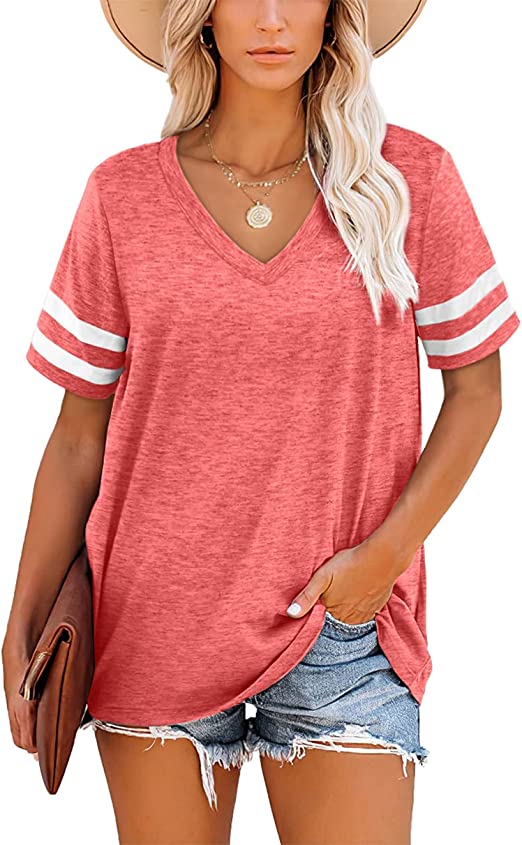 Aokosor T Shirts for Women V Neck Striped Sleeve Summer Tops Casual Loose Tee