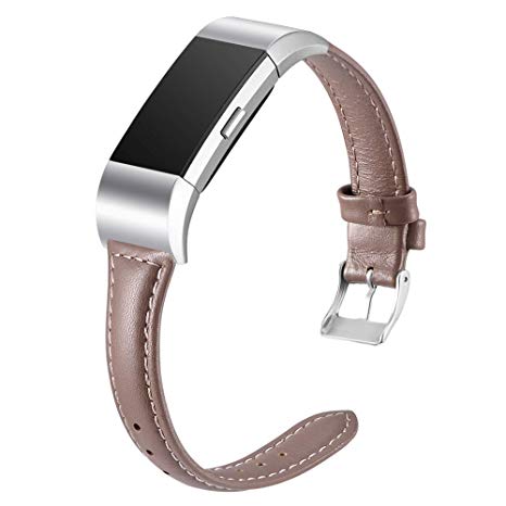 Henoda Leather Bands Compatible with Fitbit Charge 2, Slim Classic Genuine Replacement Accessories Strap for Charge 2 Women Men Small Large