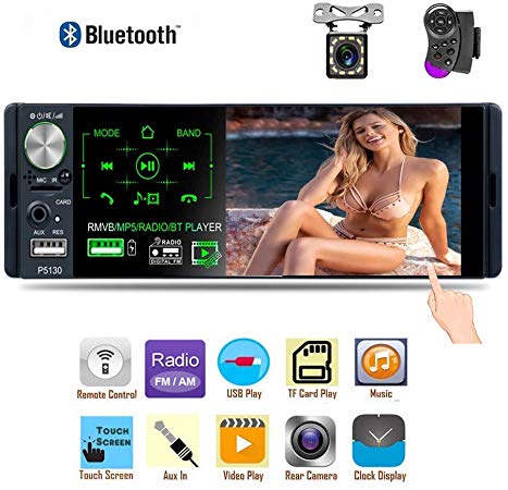 Liehuzhekeji Single Din Car Stereo AM Radio Receiver, 4.1'' TFT Touch Screen Car MP5 Player, Support Bluetooth Aux-in/USB/SD/FM&AM Quick Charge with 12 LED Lights Camera