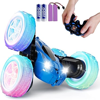 28℃ Remote Control Car, RC Cars 2.4GHz Fast Stunt RC Car, 4WD Double Sided 360° Rotating RC Trucks with Headlights Wheel Lights, Off Road RC Crawler Toy Cars Xmas Gifts for Kids Boys Girls (Blue)