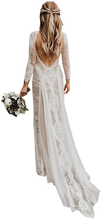 Women's Beach Wedding Dresses for Bride 2019 Vintage Long Sleeves Lace Bohemian Bridal Gown