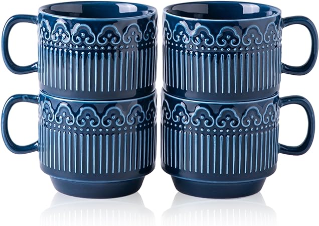 AmorArc 8oz Cappuccino Mug Set of 4, Stackable Coffee Mugs for Man, Woman, Dad, Mom, Ceramic Coffee Cups with Textured Patterns for Tea/Latte/Cappuccino. Dishwasher&Microwave Safe, Blue