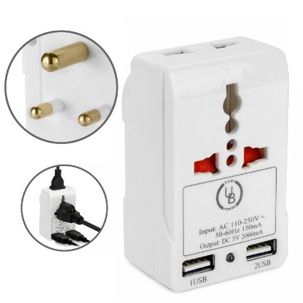 Yubi Power TMA325AU Travel Adapter with 2 Universal Outlets and 2 USB 2.0 Ports - Built in Surge Protector & Light Indicator - Plug Type Type D works with India, Ghana, Guyana, Iraq, Vietnam and more