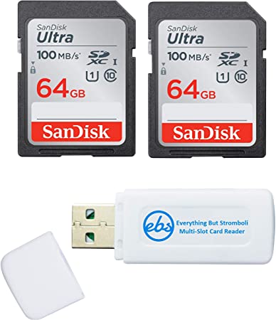 SanDisk 64GB Ultra Memory Card (2 Pack) UHS-I Class 10 SD (SDSDUNR-064G-GN6IN) - Bundle with (1) Everything But Stromboli Combo Card Reader