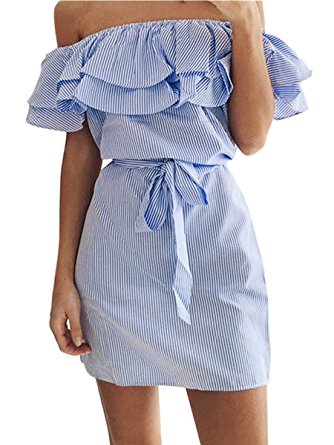 Shele Women's Casual Off Shoulder Striped Ruffles Strapless Short Dresses Mini Dresses