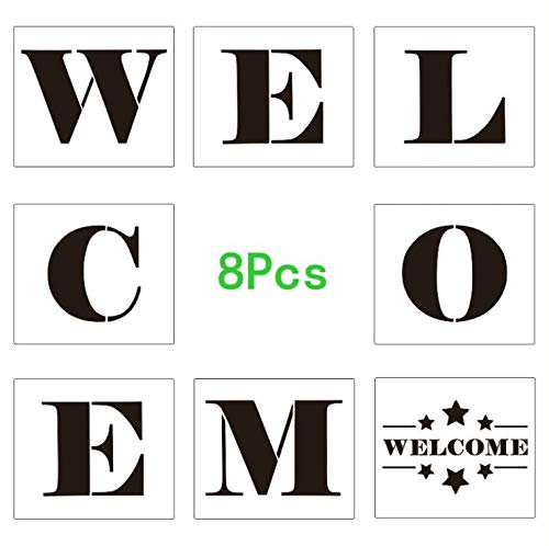 8PCS Reusable Welcome Painting Stencils Scale Template Sets, Sturdy Thick Word Stencils for Painting Wood Porch Signs, Use on a Wall, Fabric and Boards 7x8 Inches