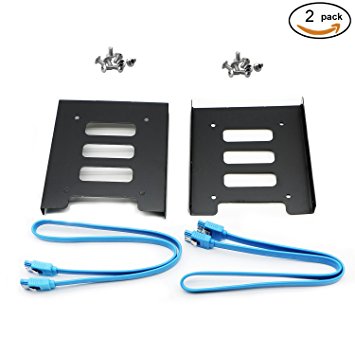 Pasow 2 Pack 2.5" to 3.5" SSD HDD Hard Disk Drive Bays Holder Metal Mounting Bracket Adapter for PC (Bracket   Blue Sata III Cables)