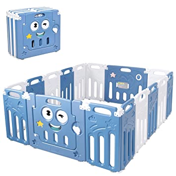 Costzon Foldable Baby Playpen, 16-Panel Baby Play Yards with Lock Door & Anti-Slip Rubber Mats, Indoor Outdoor Safety Baby Fence with Adjustable Shape for Children Toddlers (16 Panel, Blue   White)