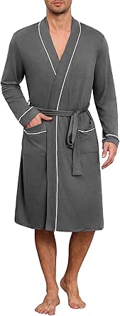 Ekouaer Mens Robes Lightweight Knit Bathrobe Long Sleeve Kimono Robe V Neck Spa Knee Length Sleepwear with Pockets S-XXL